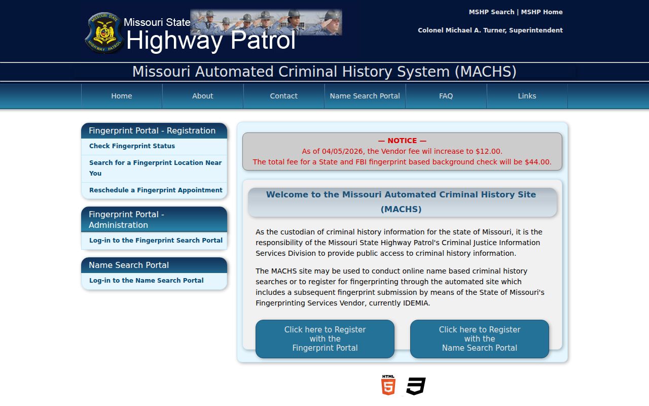 MACHS fingerprint registration portal for an official Missouri record review