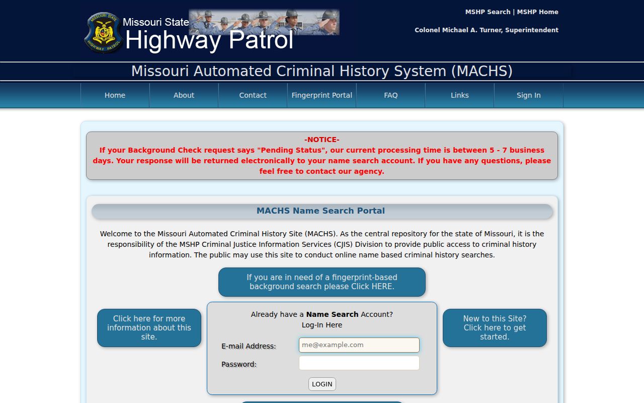 MACHS name search portal for Missouri open criminal records