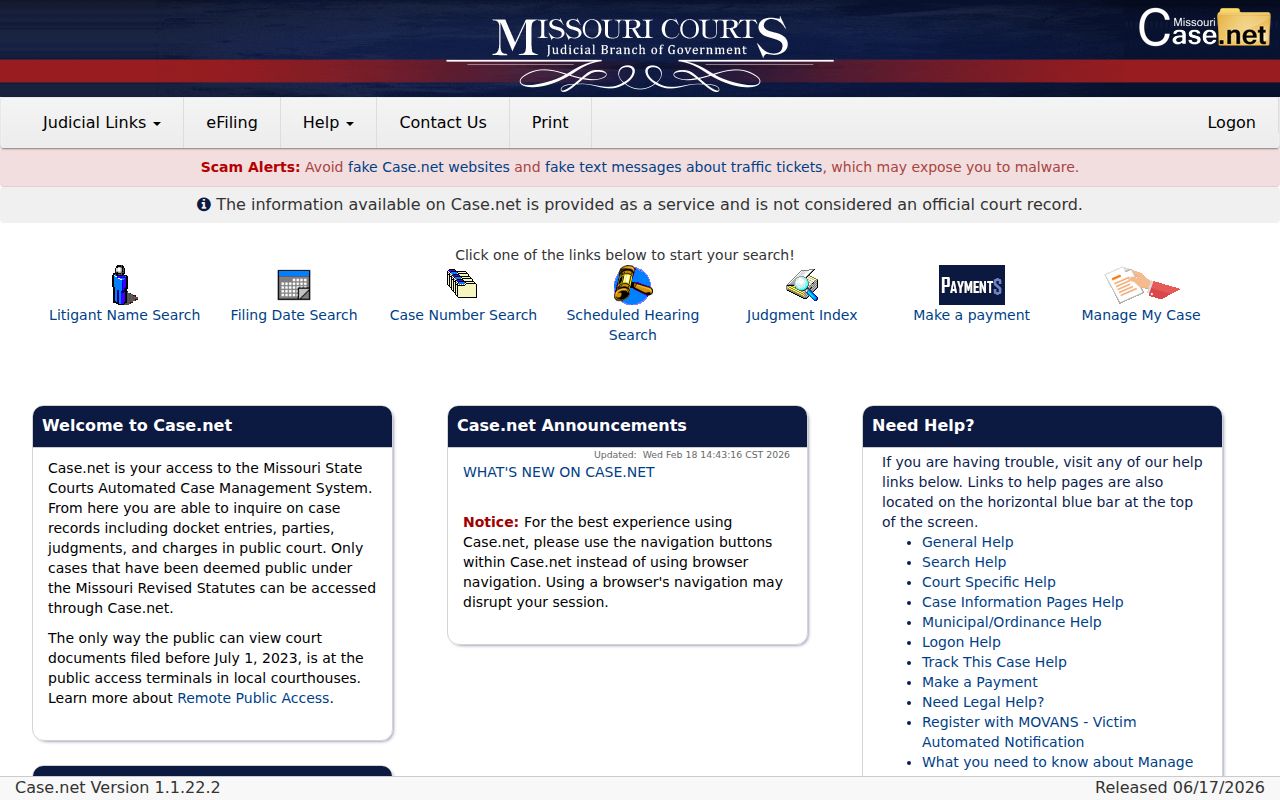 Missouri Case.net search page for Franklin County criminal cases