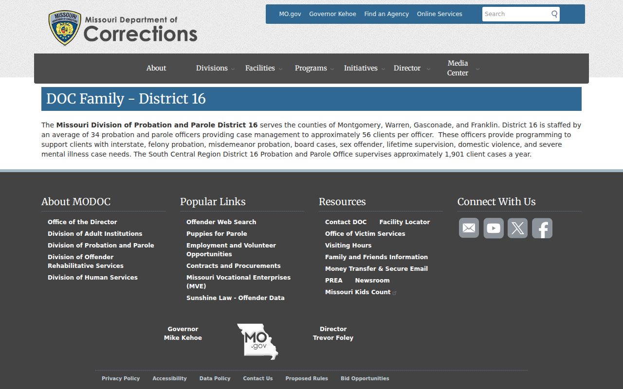 Missouri Probation and Parole District 16 information for Franklin County
