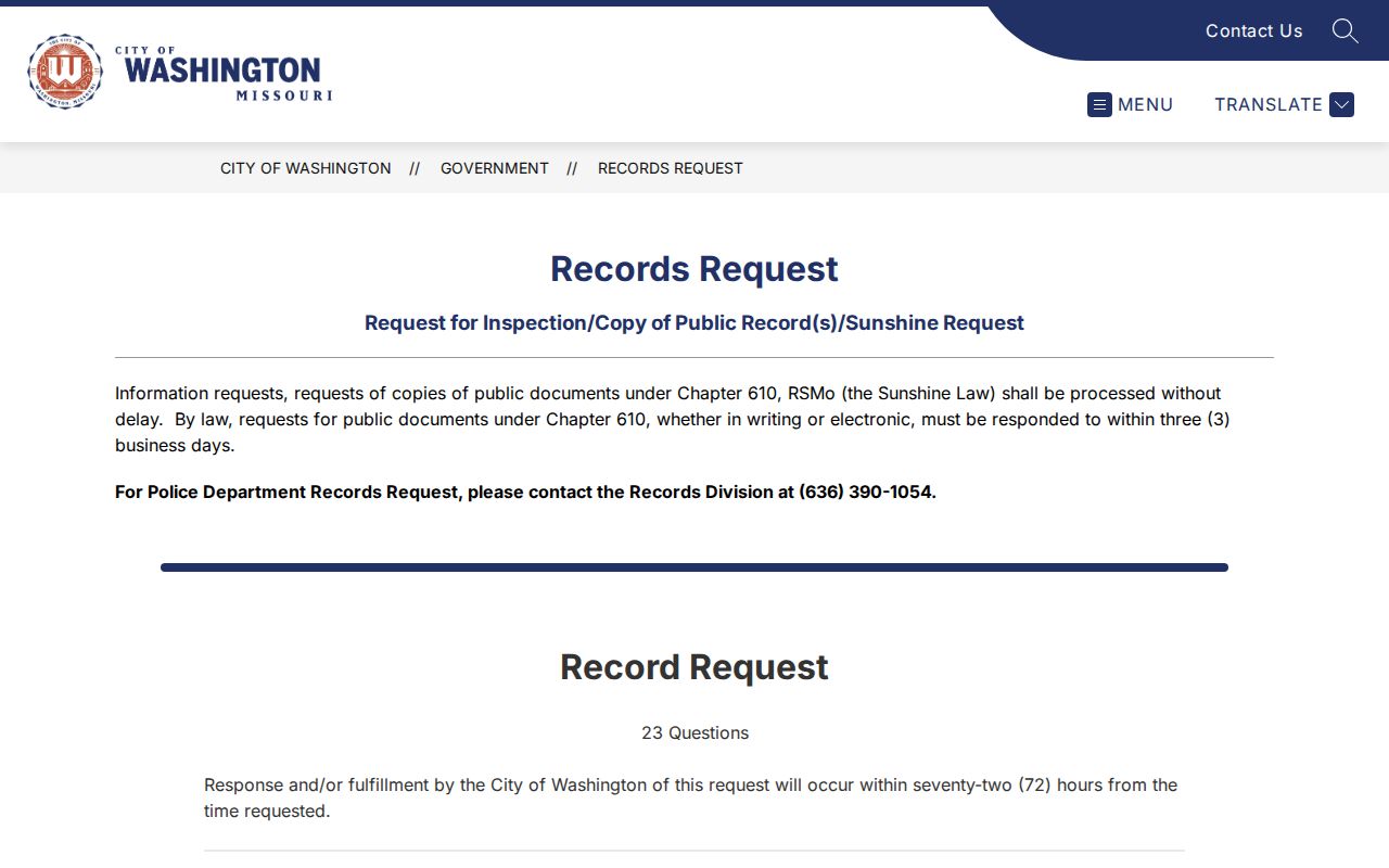 Washington criminal records request page under Missouri Sunshine Law